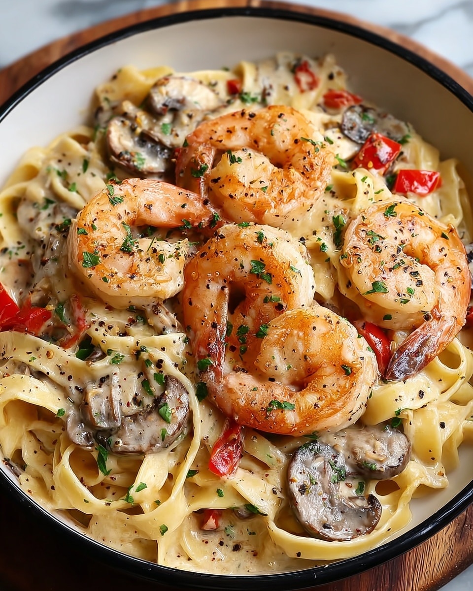 A close-up view of a black pan filled with creamy fettuccine pasta as the base layer, creamy white sauce coating the noodles, with sautéed brown mushroom slices and small red bell pepper pieces mixed in. On top, a second layer of grilled pink shrimp with light char marks is scattered evenly, garnished with chopped green herbs. The creamy sauce has a smooth texture, and the ingredients all appear fresh and cooked just right. The pan sits on a wooden surface replaced by a white marbled texture, captured with warm natural light. photo taken with an iphone --ar 4:5 --v 7