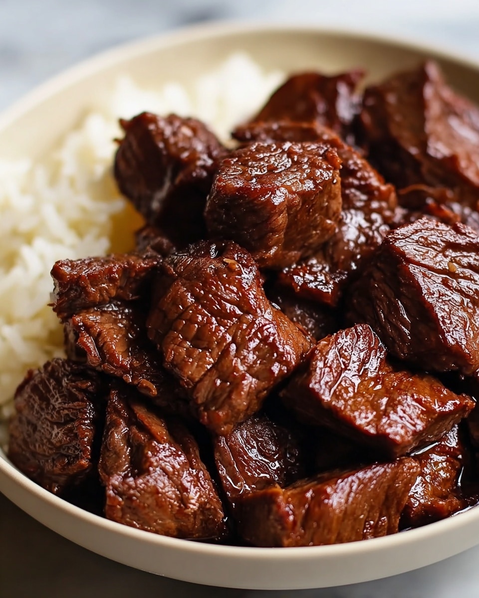A close-up view of a white bowl filled with dark brown cooked beef chunks stacked in layers, showing a shiny, slightly glazed texture on each piece, with a small part of white rice visible in the top right corner behind the meat, all set on a white marbled surface. photo taken with an iphone --ar 4:5 --v 7