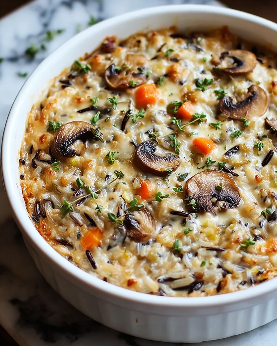 A close-up view of a creamy rice casserole in a white round ceramic dish, showing one thick layer filled with wild rice, small orange carrot slices, and sliced mushrooms mixed in a creamy sauce, with green chopped herbs sprinkled on top for garnish, sitting on a white marbled surface. photo taken with an iphone --ar 4:5 --v 7