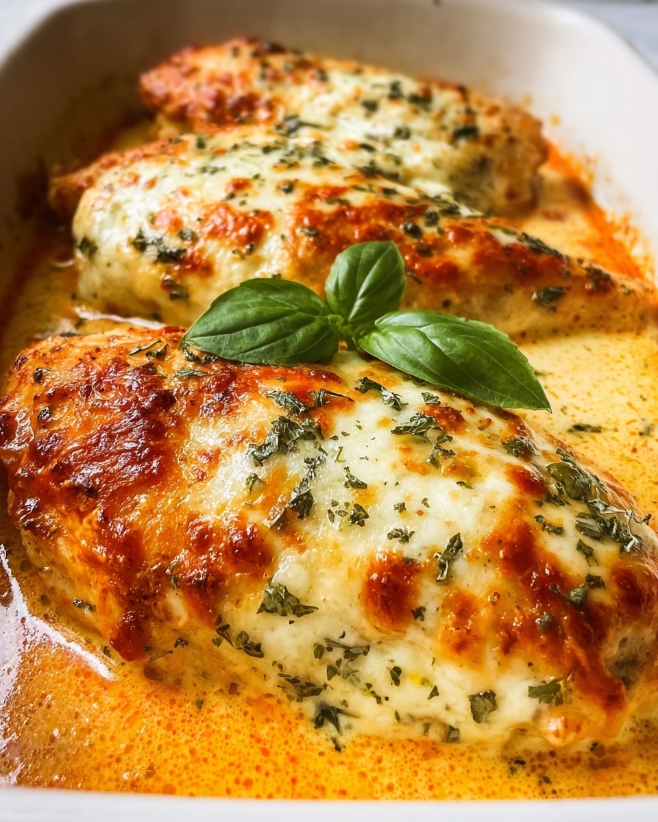 The image shows two large pieces of baked chicken breast covered in a golden brown, bubbly cheese crust with browned spots, sitting in an orange creamy sauce that partially surrounds the chicken. The cheese topping is sprinkled with bits of chopped green herbs, and a small basil leaf garnish rests on top of the chicken in the front. The chicken is placed inside a white baking dish with the white marbled texture visible around the edges. The textures look rich and creamy with a slightly crisp top layer. photo taken with an iphone --ar 4:5 --v 7