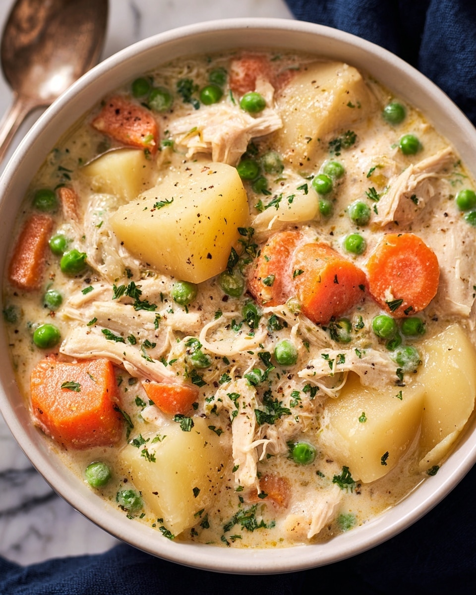 A close-up view of a bowl filled with creamy chicken stew, showing several layers: large chunks of pale yellow potatoes, bright orange carrot slices, green peas scattered around, and shredded white chicken pieces all mixed in a thick, light beige creamy sauce. Small dark pepper specks and finely chopped green herbs are sprinkled on top, adding texture and color contrast. The bowl is white, set on a white marbled surface with a dark blue cloth partially visible nearby. photo taken with an iphone --ar 4:5 --v 7