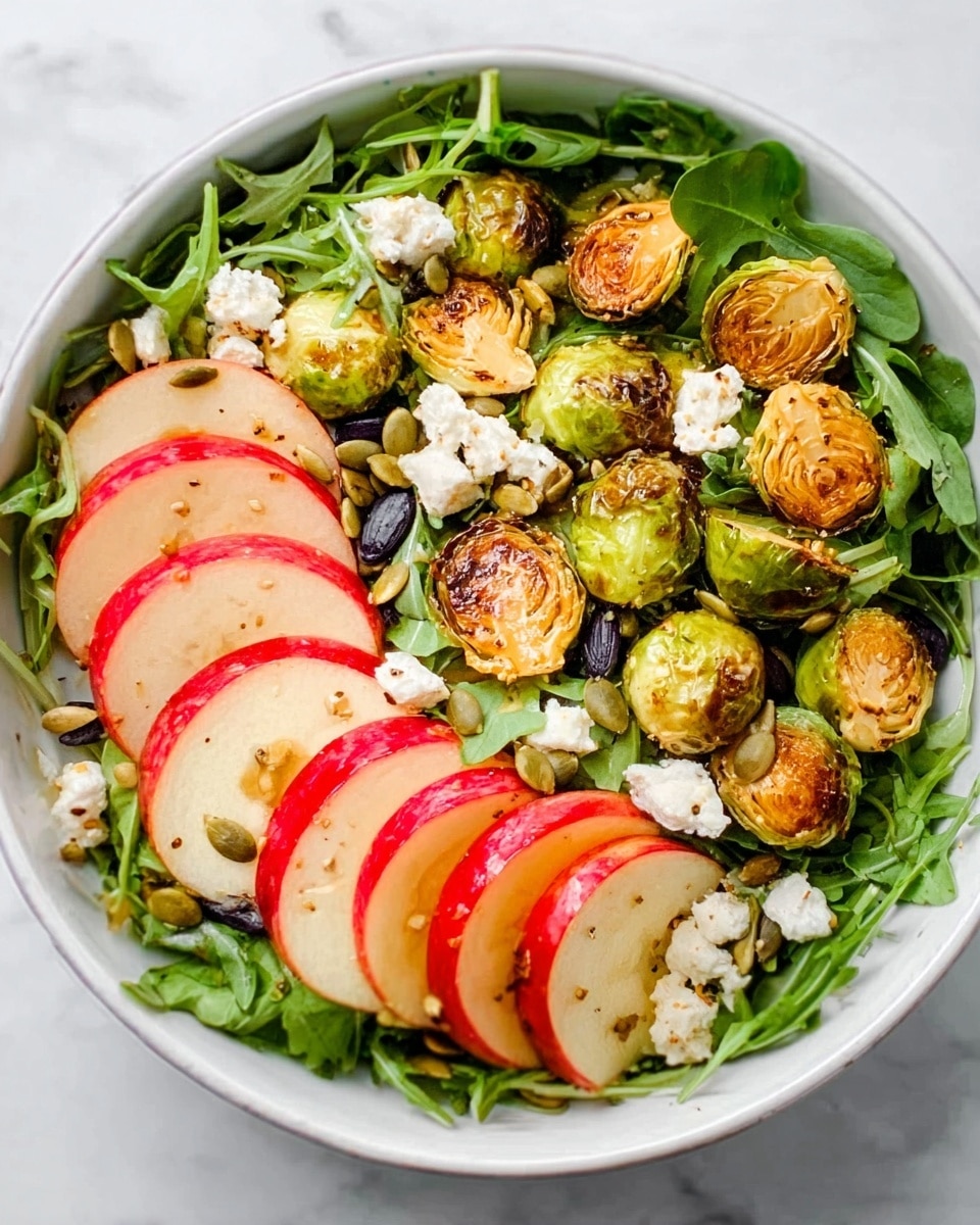 A white bowl filled with a fresh salad is placed on a white marbled surface. The salad has three main layers: at the bottom, there is a bed of green arugula leaves with a soft, leafy texture. On top of this, there are slices of red apple, arranged in thin, curved layers on two sides of the bowl, showing their smooth, shiny skin with white and red stripes. In the middle and throughout, roasted Brussels sprouts are scattered, showing a golden-brown, crispy exterior with slight dark spots. Small white crumbles of cheese and a few dark pumpkin seeds are spread evenly over the salad, adding texture and contrast in color. photo taken with an iphone --ar 4:5 --v 7