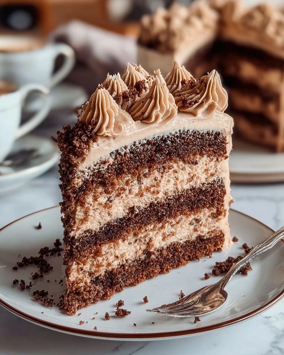 This image shows a close-up of a three-layer chocolate cake slice on a white plate with a thin brown trim. The bottom and middle layers are rich, moist chocolate sponge, while the two layers between them are filled with light brown creamy frosting. The top layer is covered in the same light brown frosting, decorated with piped swirls and sprinkled with small chocolate crumbs. There are scattered cake crumbs around the slice, and a silver fork rests on the right side of the plate. The background includes a blurred view of the rest of the cake and a cup, all set on a white marbled surface. photo taken with an iphone --ar 4:5 --v 7