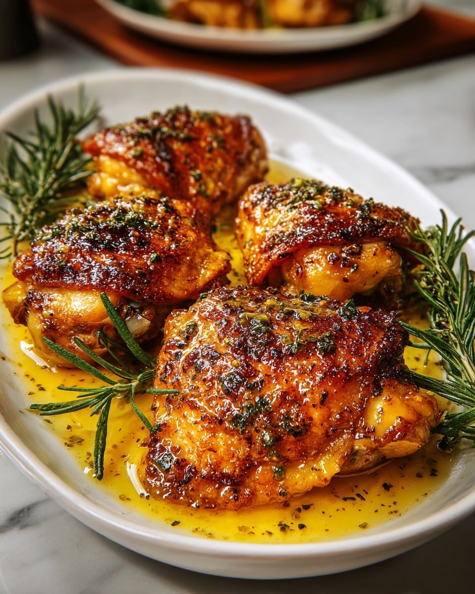 A close-up view of four golden-brown roasted chicken thighs with crispy, seasoned skin, placed meat-side down on a white oval plate. The chicken pieces rest in a pool of glossy, yellow-golden sauce with small herbs sprinkled on top. Fresh sprigs of bright green rosemary lie on and around the chicken, adding contrast to the rich, warm colors of the dish. The plate sits on a white marbled surface with another plate of similar chicken blurred in the background. photo taken with an iphone --ar 4:5 --v 7