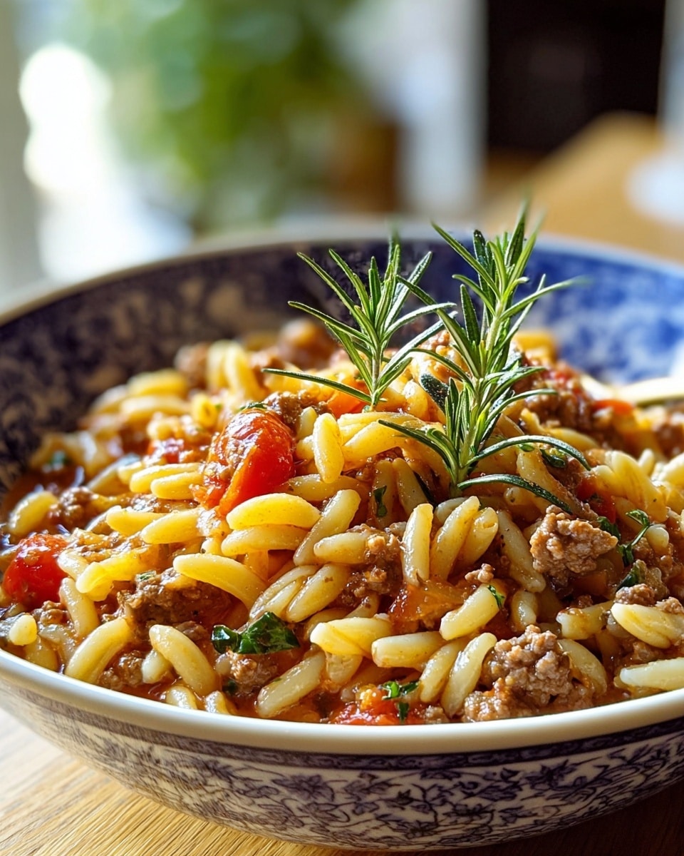A close-up view of a white bowl with blue patterns filled with a dish made of small rice-shaped pasta mixed with cooked ground beef and diced red tomatoes. The pasta is yellowish and soft, while the meat is brown and crumbly. Sprigs of fresh green herbs, possibly rosemary, are placed on top, adding a touch of color and freshness. The bowl is placed on a wooden surface with a blurred background that has soft light coming in. photo taken with an iphone --ar 4:5 --v 7