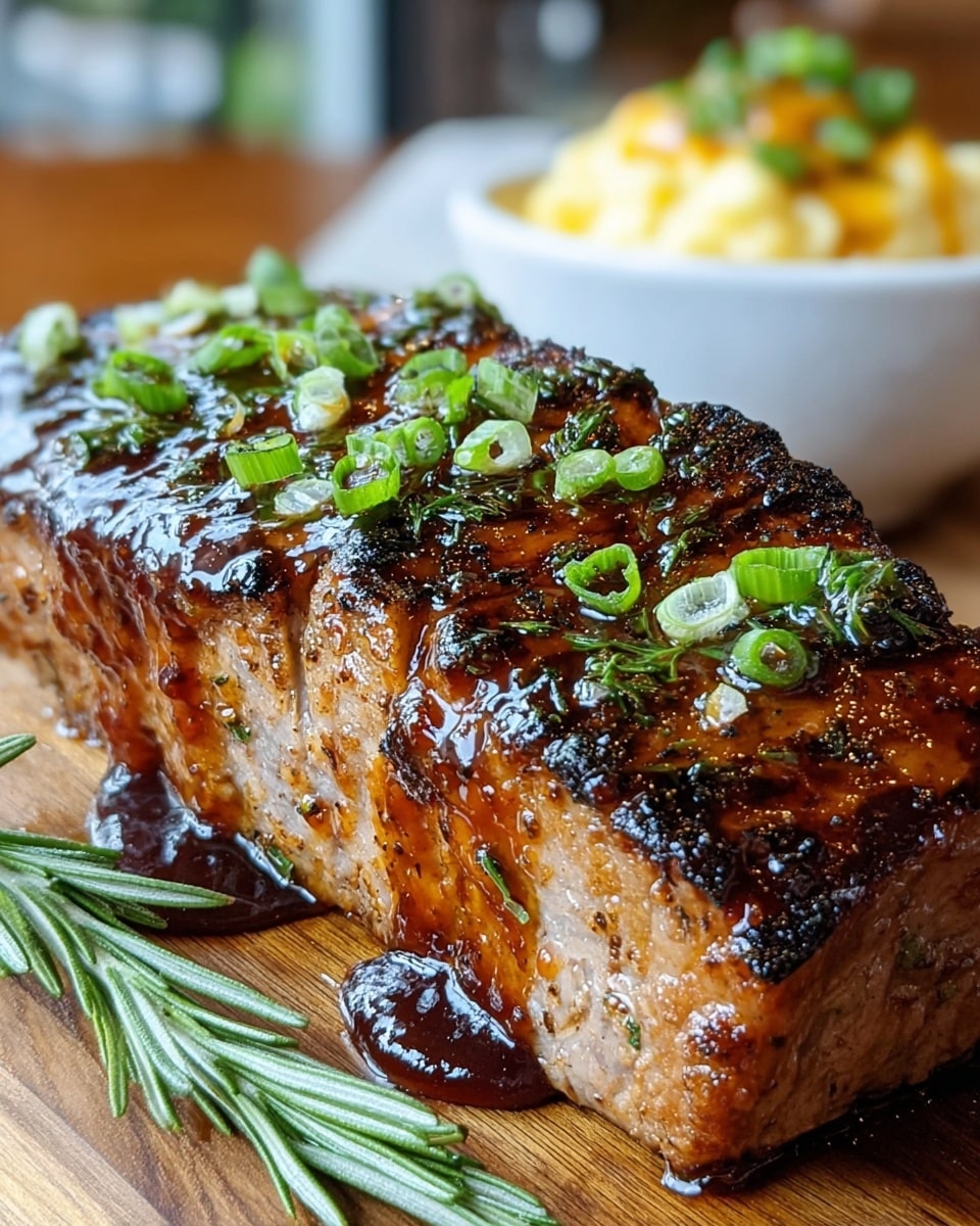 A close-up of a thick piece of grilled meat resting on a wooden board, with a shiny dark brown glaze on the outside and juicy light pink inside, topped with small green herbs and fresh green onion slices. The meat has a slightly crispy, charred texture with visible grill marks and a glossy sauce dripping down the sides. To the left of the meat, there is a fresh sprig of rosemary laying on the board. In the blurred background, there is a white bowl filled with a creamy yellow dish on a white marbled surface. photo taken with an iphone --ar 4:5 --v 7