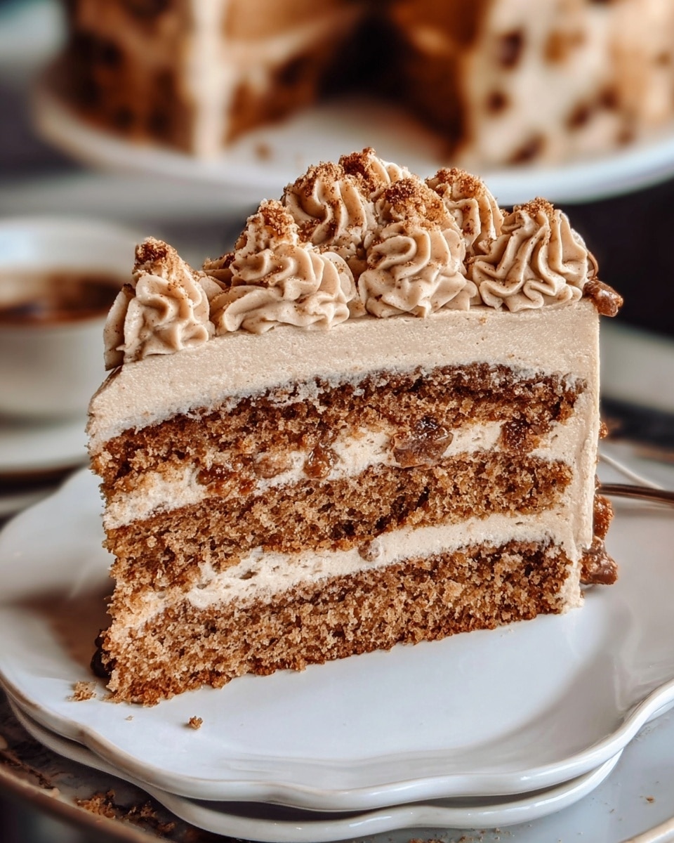 A close-up view of a slice of three-layer brown cake covered with light brown creamy frosting; the top layer has swirls of the frosting with a sprinkling of cinnamon or brown sugar on top. Each cake layer looks moist with small textured crumbs, separated by smooth frosting layers. The slice sits on a white plate with a slightly wavy edge, placed on a surface with a white marbled texture, with part of a cake visible in the background. Photo taken with an iphone --ar 4:5 --v 7