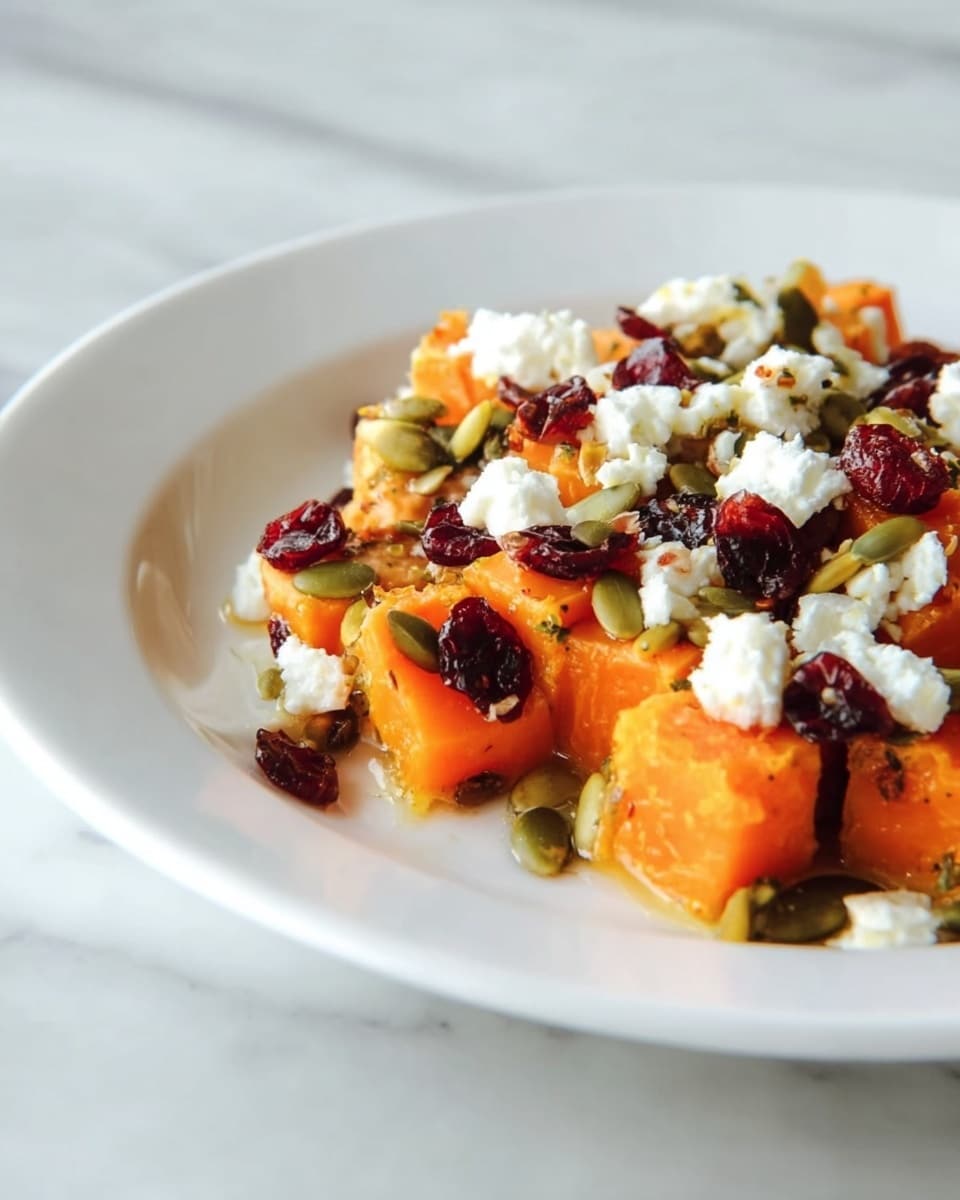 The dish is served in a shallow white plate placed on a white marbled surface. It has a base layer of small, bright orange cubes that look soft and cooked. On top of these cubes are scattered dollops of crumbly white cheese, adding a creamy texture. There are also dark red dried cranberries spread over the dish, providing a contrast in color and texture. Small green pumpkin seeds are sprinkled throughout, adding a crunchy element. The combination of bright orange, white, dark red, and green creates a visually appealing mix of colors and textures. Photo taken with an iphone --ar 4:5 --v 7
