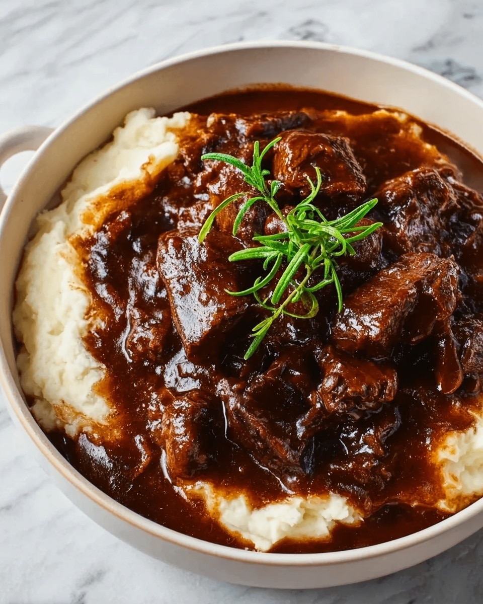 The image shows a white cast iron pot filled with a rich dark brown beef stew thick with large, tender chunks of beef, sitting on top of a base layer of creamy, white mashed potatoes. The beef is covered in a glossy, deep brown sauce and is garnished with small sprigs of fresh green herbs on top. The pot has one handle visible, and the pot is placed on a white marbled surface that contrasts softly with the warm colors of the food. photo taken with an iphone --ar 4:5 --v 7