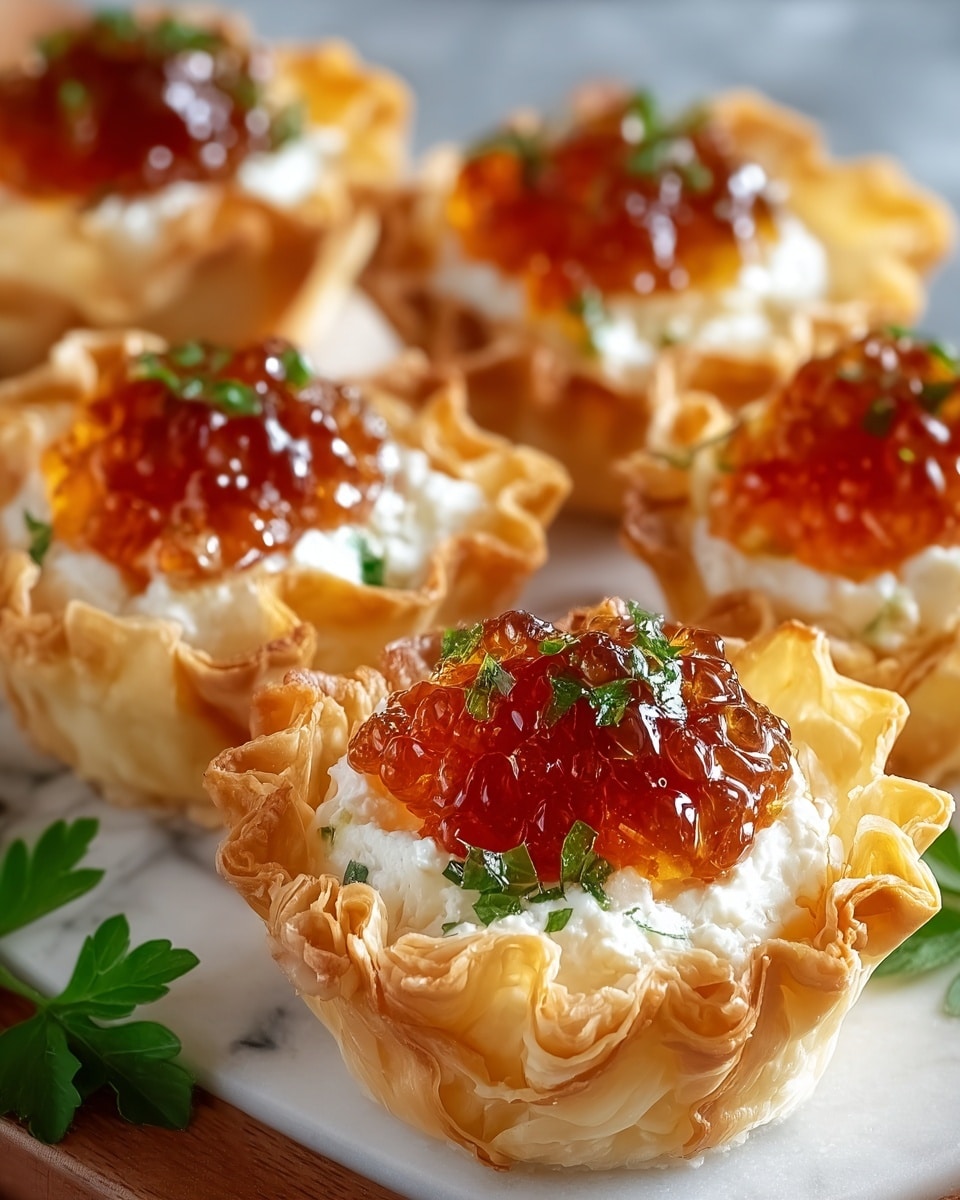 The image shows six small tartlets arranged close together on a white marbled surface. Each tartlet has three visible layers: the bottom layer is a golden-brown, crispy pastry shell with a delicate, flaky texture and ruffled edges. On top of the pastry shell is a thick, creamy white cheese layer that looks soft and smooth. The final top layer is a glossy, deep reddish-orange jelly or jam with small chunks, adding a shiny texture. The tartlets are garnished with small green herb pieces sprinkled on top of the jelly. Photo taken with an iphone --ar 4:5 --v 7