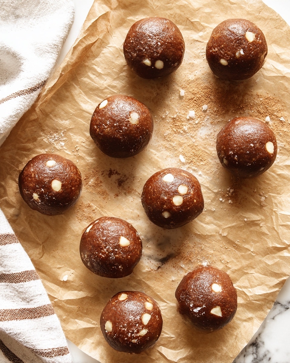 Nine round chocolate cookie dough balls with white chip pieces are arranged loosely in a circle on light brown parchment paper. The dough has a smooth, slightly glossy texture and is sprinkled with a little coarse salt and cocoa powder on and around the balls. The parchment paper sits on a white marbled surface with a beige cloth with dark stripes partially visible on the left side. photo taken with an iphone --ar 4:5 --v 7