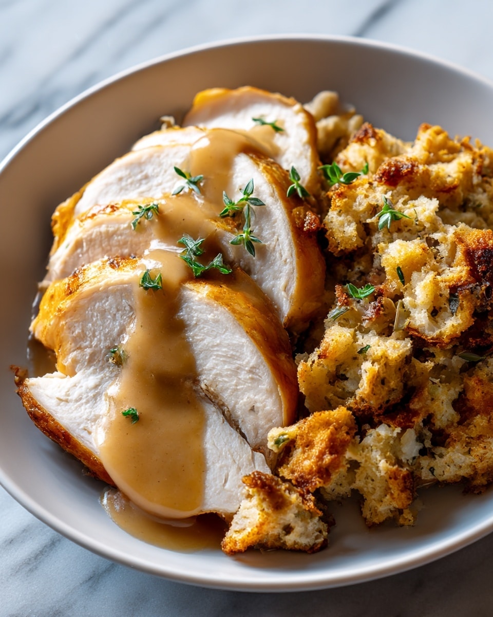 A white plate holds two thick slices of cooked turkey breast, with a smooth light brown gravy poured generously over the top, pooling slightly around the edges. Next to the turkey is a large mound of golden brown, crispy textured stuffing with visible green herb bits sprinkled throughout. Some fresh green herb leaves are scattered on top for garnish. The plate is set on a white marbled surface. photo taken with an iphone --ar 4:5 --v 7