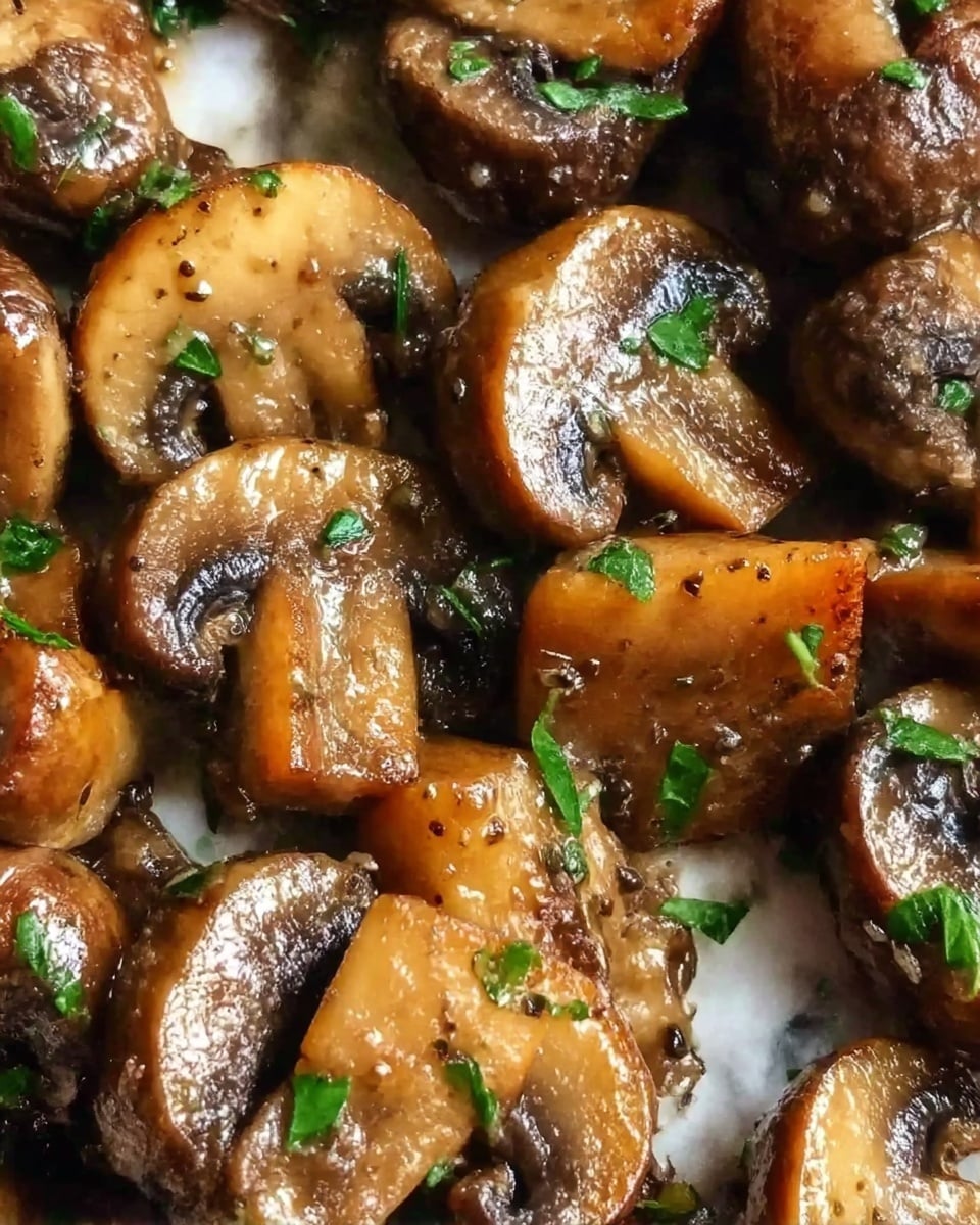 The image shows a close-up of cooked mushrooms that are sliced and sautéed, with a glossy brown surface and slightly charred edges. Small green parsley leaves are scattered on top to add color contrast. The mushroom pieces have a shiny texture due to oil or butter, reflecting the light softly. The background is a white marbled texture, emphasizing the rich brown color of the mushrooms. photo taken with an iphone --ar 4:5 --v 7