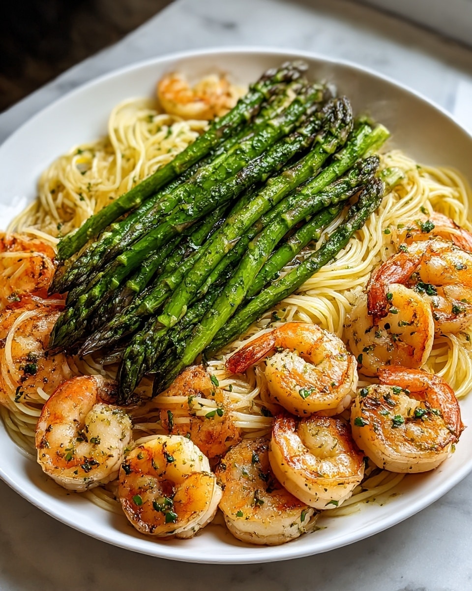 The dish features a white plate filled with three layers: the bottom layer is a pile of thin, lightly oiled spaghetti mixed with bits of green herbs; on top of the pasta, there is a ring of golden-brown grilled shrimp with visible seasoning and small green herb flecks, arranged around the plate's edge; the top layer consists of a neat bundle of bright green grilled asparagus spears placed in the center, slightly charred with a glossy texture; the whole presentation rests on a white marbled surface. photo taken with an iphone --ar 4:5 --v 7
