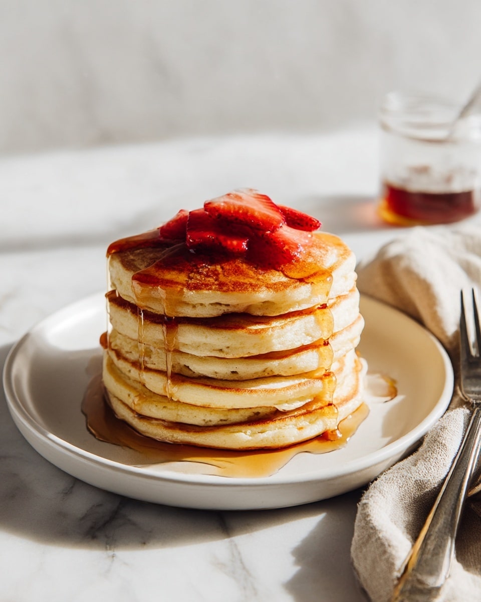A stack of six thick, fluffy pancakes with a light golden-brown color sits on a white plate, each pancake showing a soft, bumpy texture. Golden syrup slowly drips down the sides of the stack, catching the light and creating a glossy, sticky shine. On top, two slices of bright red strawberries add a fresh pop of color. The plate is placed on a white marbled surface, with a fork and a beige cloth napkin nearby, along with a small glass jar of syrup to the right. The photo taken with an iphone --ar 4:5 --v 7