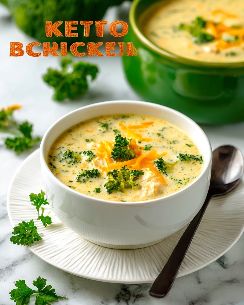 The image shows two bowls of creamy keto chicken broccoli soup placed on a white marbled surface. The bowl in the front is white and sits on a matching white plate with ridges on the edge. It contains a thick soup with visible green broccoli pieces and small chicken chunks in a pale yellow creamy broth topped with thin, melted orange cheese and some chopped parsley. A black spoon rests inside this bowl. In the background, another bowl of the same white color is partially visible and also filled with the soup, showing the same green broccoli and creamy texture. The overall setting has a clean look with green cloth underneath adding a fresh touch. photo taken with an iphone --ar 4:5 --v 7