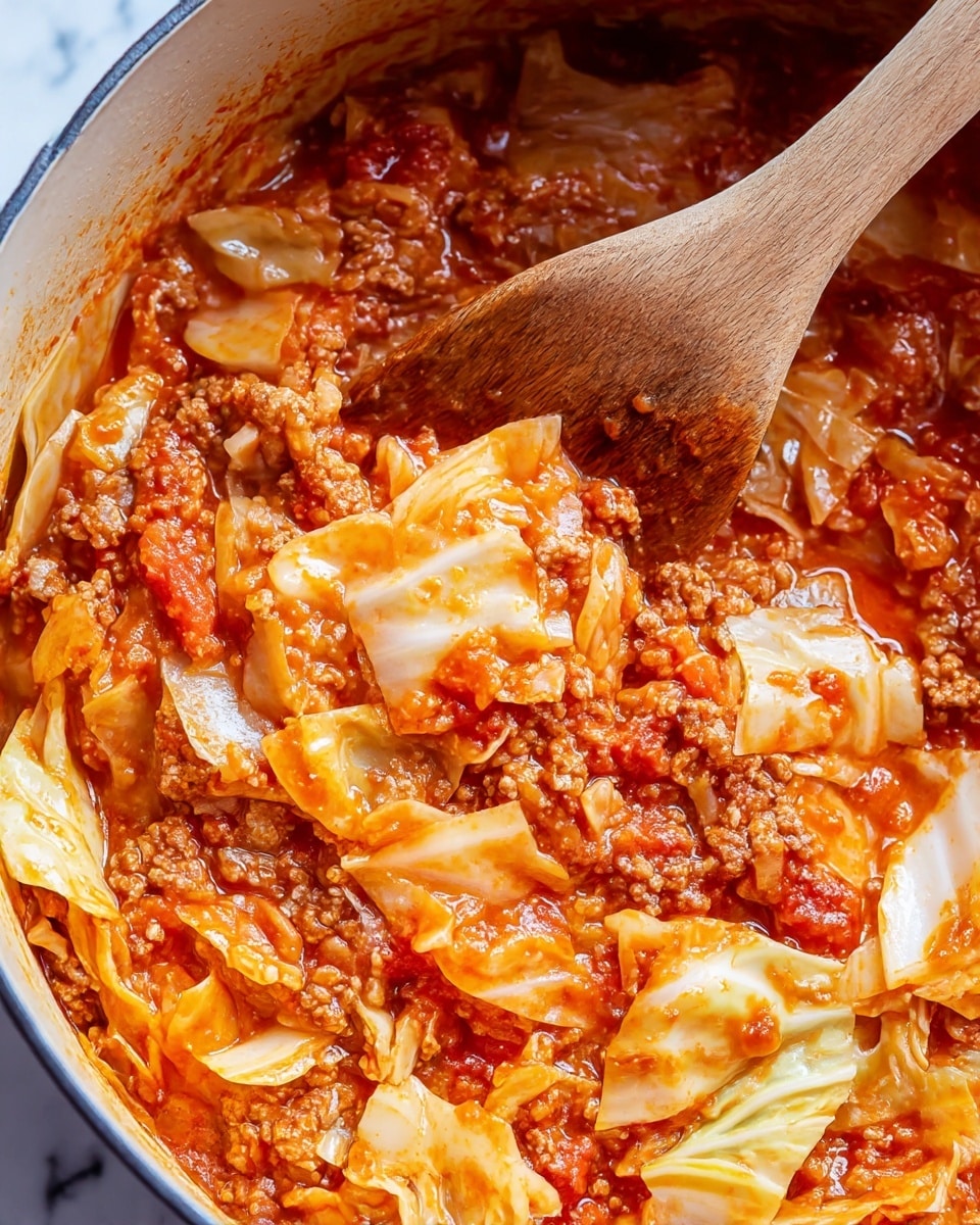 A close-up image shows a cooked dish in a pot with a wooden spoon stirring it. The dish has a mix of ground meat and cabbage pieces covered in a thick red tomato sauce. The ground meat is brownish and crumbly, mixed evenly with shiny, soft cabbage leaves that are pale yellow and white. The tomato sauce coats all ingredients with a rich reddish-orange color and smooth texture. Photo taken with an iphone --ar 4:5 --v 7