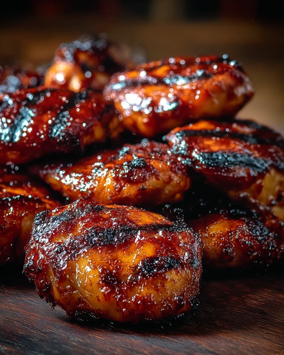 The image shows many pieces of grilled chicken with a shiny, sticky glaze that is red and brown. Each piece has dark char marks and a crispy texture on the outside, while the chicken meat underneath appears juicy and tender with a light golden color. The chicken pieces are stacked closely together on a dark wooden surface, creating a warm and appetizing look. Photo taken with an iphone --ar 4:5 --v 7