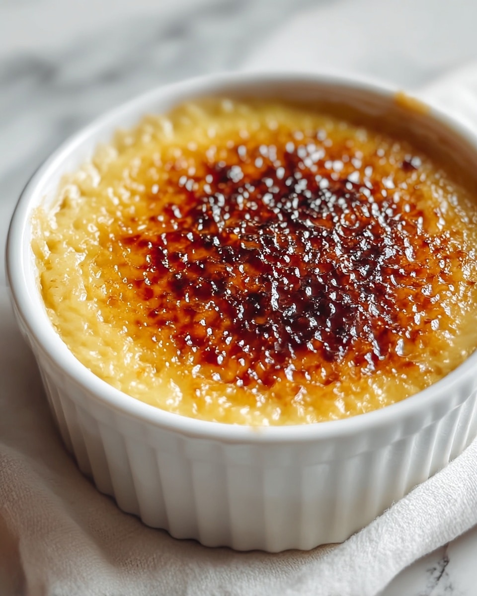 The image shows a close-up of a creme brulee dessert in a white ramekin cup with ridged sides. The top layer is caramelized sugar, caramel-brown to dark brown, with a slightly bubbly, uneven texture. Beneath it, there is a creamy, pale yellow custard filling visible around the edges. The ramekin is resting on a soft gray cloth, set against a white marbled surface. photo taken with an iphone --ar 4:5 --v 7