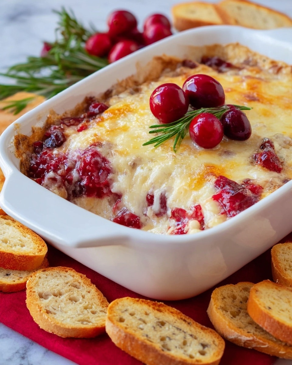 A white baking dish filled with a creamy, melted cheese layer on top that is golden brown in spots and covers a mixed layer of bright red cranberry sauce beneath. On top, three whole fresh cranberries and a small sprig of green rosemary decorate the dish. The dish is placed on a red cloth on a white marbled surface. In the foreground, there are golden toasted bread slices and light brown chips with rough textures arranged loosely. Photo taken with an iphone --ar 4:5 --v 7