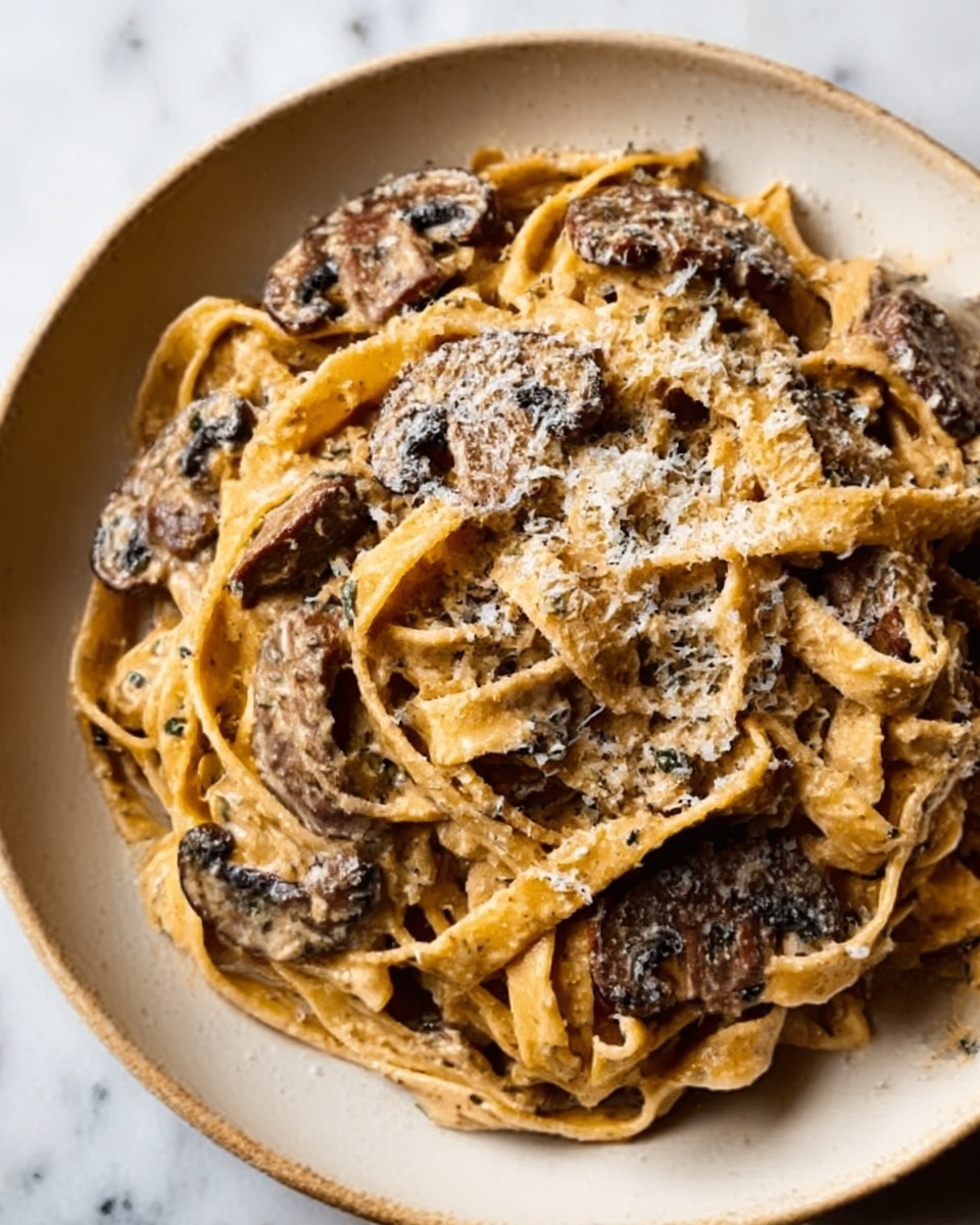 A white bowl holds a creamy pasta dish with several layers visible: at the bottom, flat and wide fettuccine noodles coated in a light brown creamy sauce; mixed throughout are dark slices of cooked mushrooms with a soft texture; the top has a light dusting of finely grated cheese that adds a slightly grainy texture. The bowl sits on a white marbled surface. Photo taken with an iphone --ar 4:5 --v 7