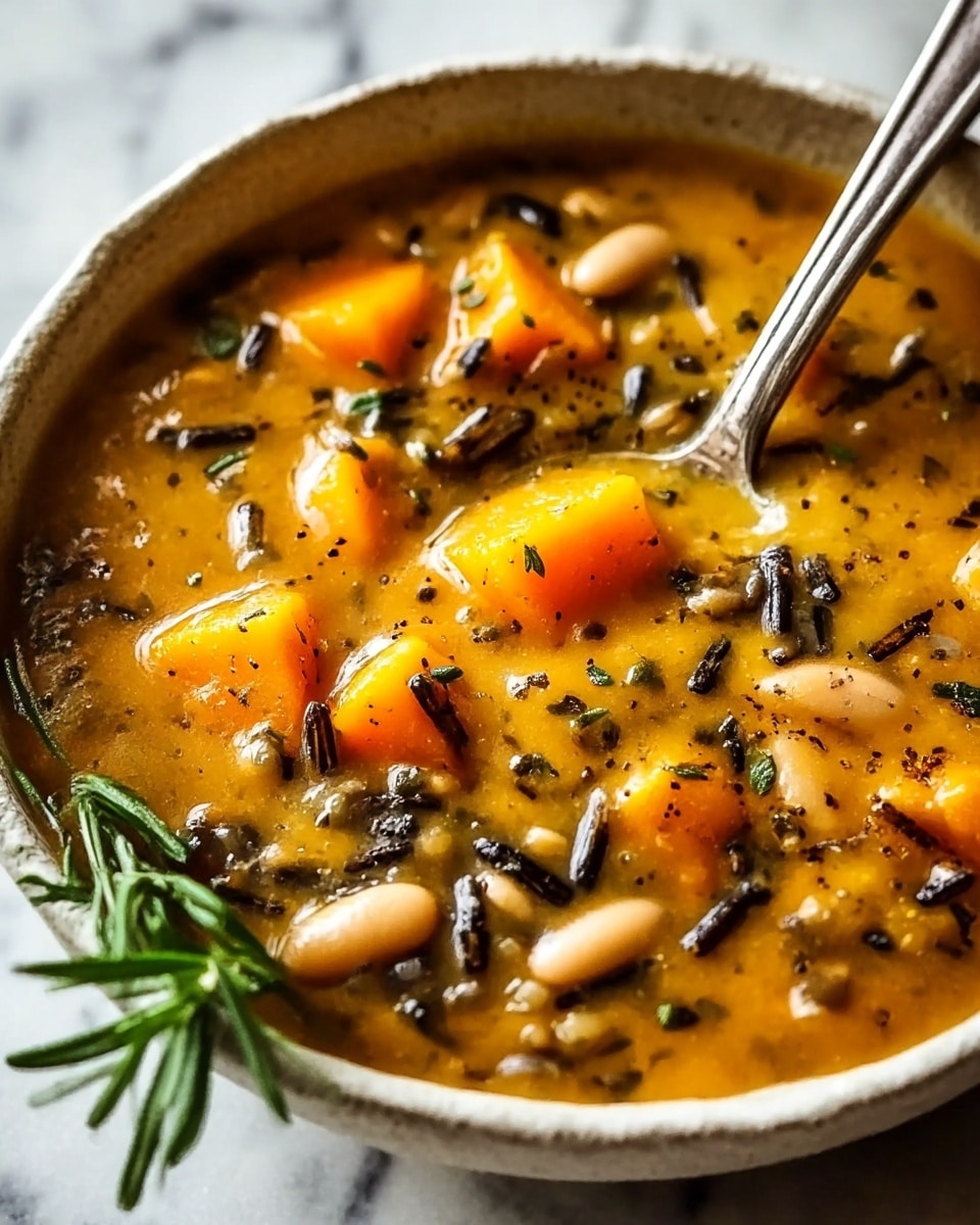 A close-up view of a bowl filled with thick, orange-yellow soup containing chunks of bright orange pumpkin, dark wild rice grains, and white beans scattered throughout. The soup has a smooth texture with visible specks of black pepper and small green herbs sprinkled on top. A silver spoon rests inside the bowl, partially submerged in the soup, and a sprig of fresh green rosemary lies on the side of the bowl. The bowl itself is white with a rough, textured edge, and the scene is set against a white marbled surface. photo taken with an iphone --ar 4:5 --v 7