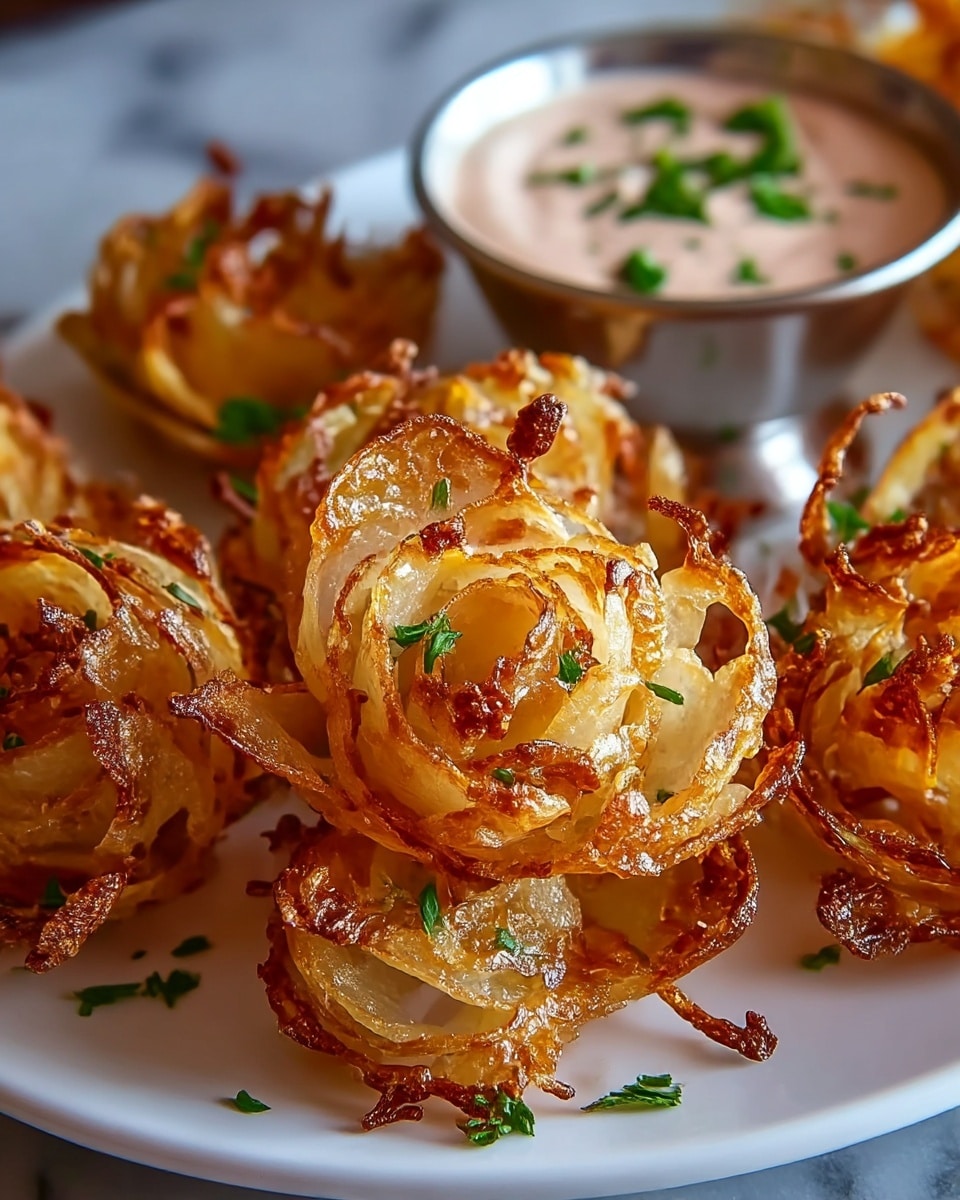 A close-up of multiple crispy onion blossoms arranged tightly on a white plate, each shaped like a flower with several layers of thin, golden-brown fried onion petals curling outward, showing a crunchy texture with some darker fried edges. The blossoms are sprinkled with small green parsley leaves for color contrast. In the background, there is a small white bowl with a creamy light pink dipping sauce. The surface beneath the plate is a white marbled texture. photo taken with an iphone --ar 4:5 --v 7
