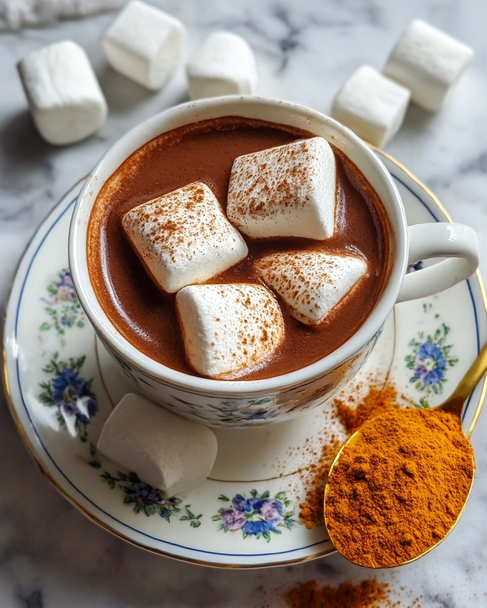 A white cup filled with rich brown hot chocolate topped with three large white marshmallows dusted with cocoa powder sits on a white plate decorated with a colorful floral pattern in blue, red, orange, and green. Around the cup on the plate are four more large white marshmallows, along with a golden spoon filled with bright orange-brown powder, likely turmeric, resting on the plate. The background is a white marbled texture. photo taken with an iphone --ar 4:5 --v 7
