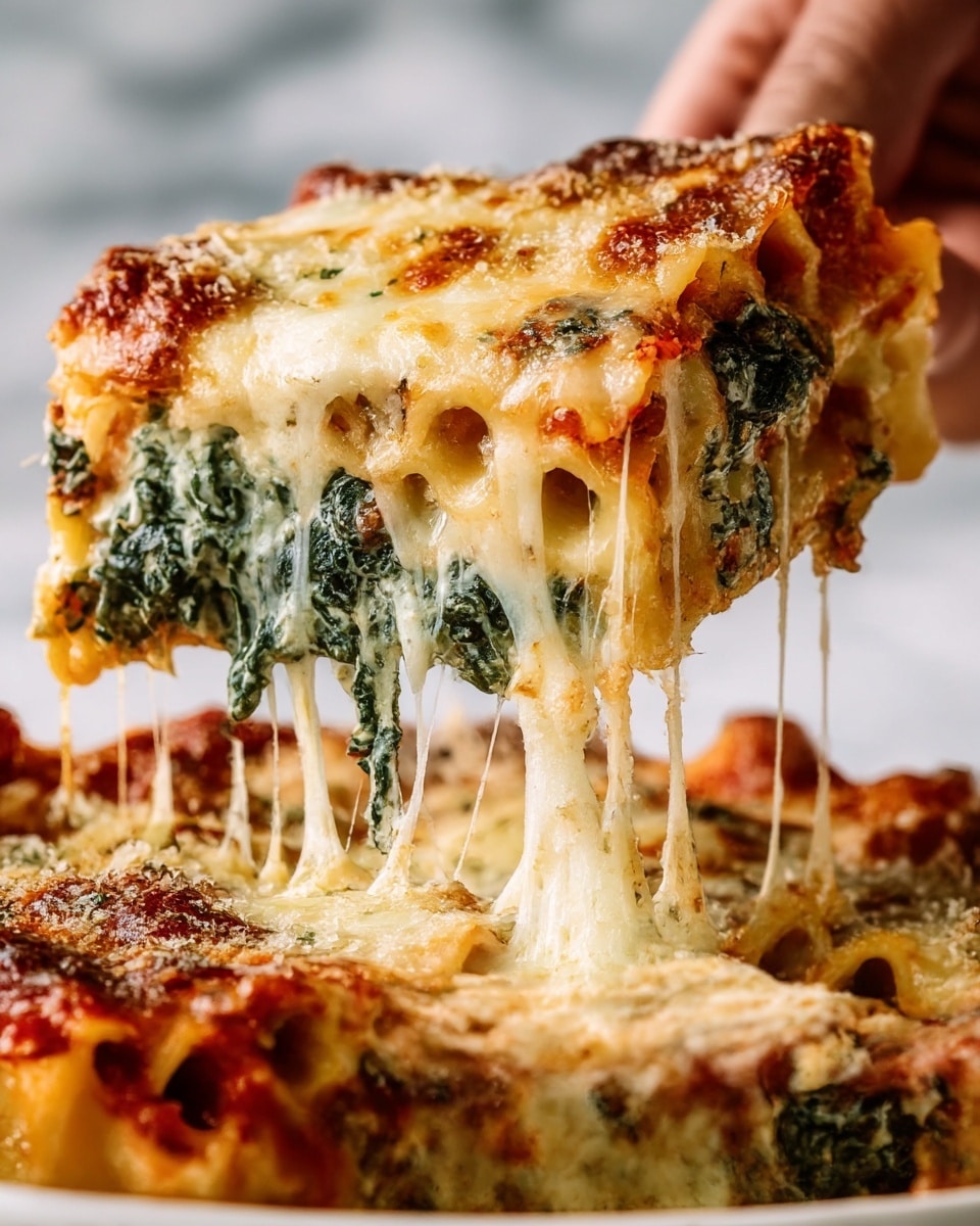 A close-up shot shows a slice of cheesy lasagna being lifted, with long, gooey cheese strings stretching between the slice and the rest of the lasagna below. The top layer is golden-brown melted cheese with small spots of bubbling and hints of green herbs sprinkled over it. Underneath, several visible layers alternate between rich red tomato sauce, creamy white cheese, and thin sheets of pasta. The lasagna rests on a white plate, set on a white marbled surface. The image captures the warm, melty texture of the dish perfectly. Photo taken with an iphone --ar 4:5 --v 7