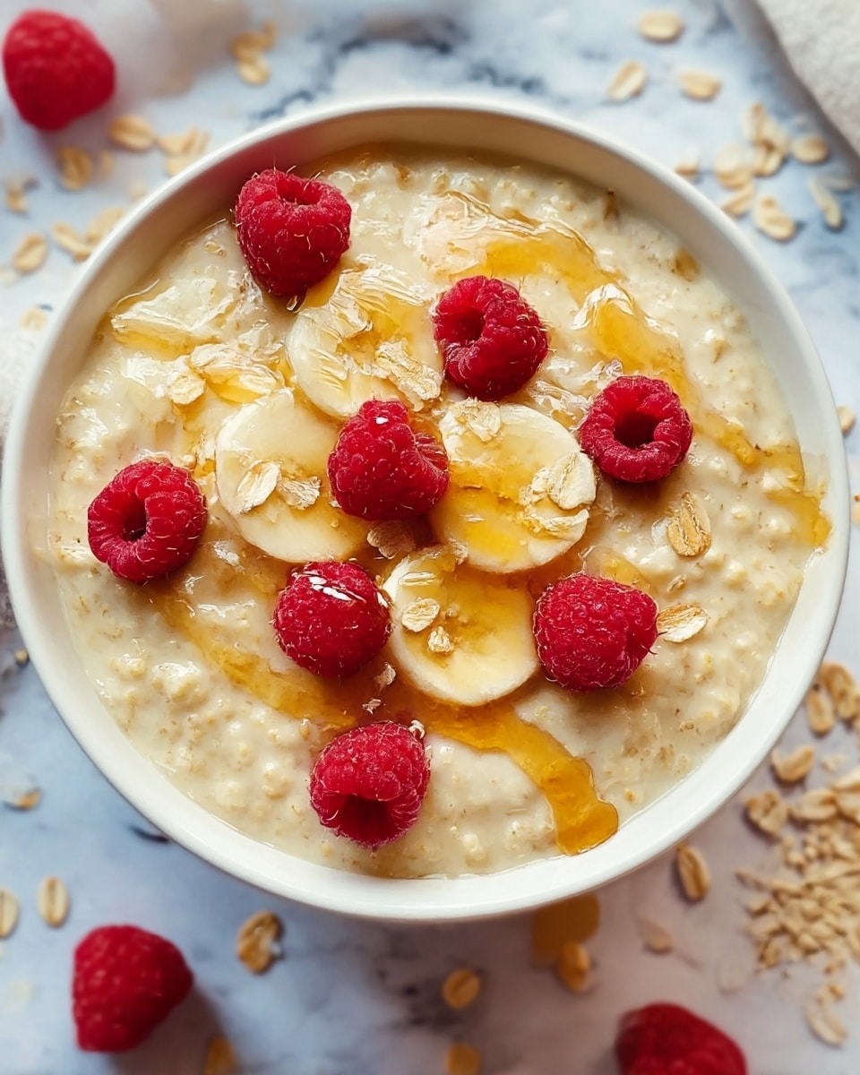 A white bowl filled with creamy beige oatmeal forms the base layer, topped with scattered light brown rolled oats. On top of the oats are bright red fresh raspberries placed evenly around the bowl, along with small white slices of banana. A golden honey drizzle is spread lightly over the fruit and oats, adding a glistening effect. The bowl sits on a white marbled surface with a white cloth underneath, and some oats and raspberries are scattered around for decoration. The photo is brightly lit with natural light coming from the top right. Photo taken with an iphone --ar 4:5 --v 7