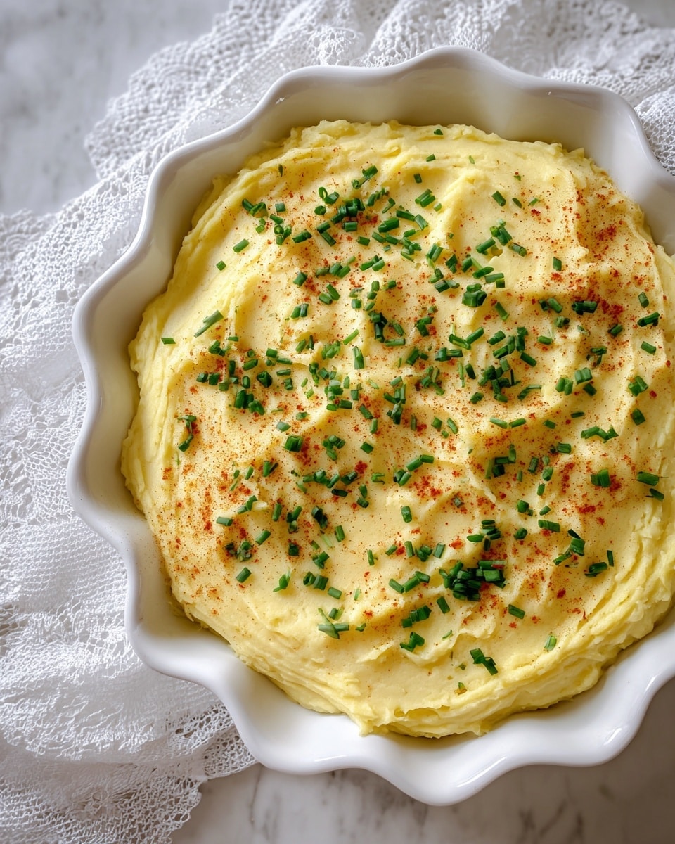 A white scalloped ceramic dish filled with a smooth, creamy yellow mashed potato layer topped with finely chopped fresh green chives scattered evenly across the surface. The mashed potatoes have a slightly textured appearance with soft peaks and swirls, sprinkled lightly with a reddish-brown paprika powder adding a touch of color contrast. The dish is placed on a white marbled surface covered partially by a white lace fabric. photo taken with an iphone --ar 4:5 --v 7