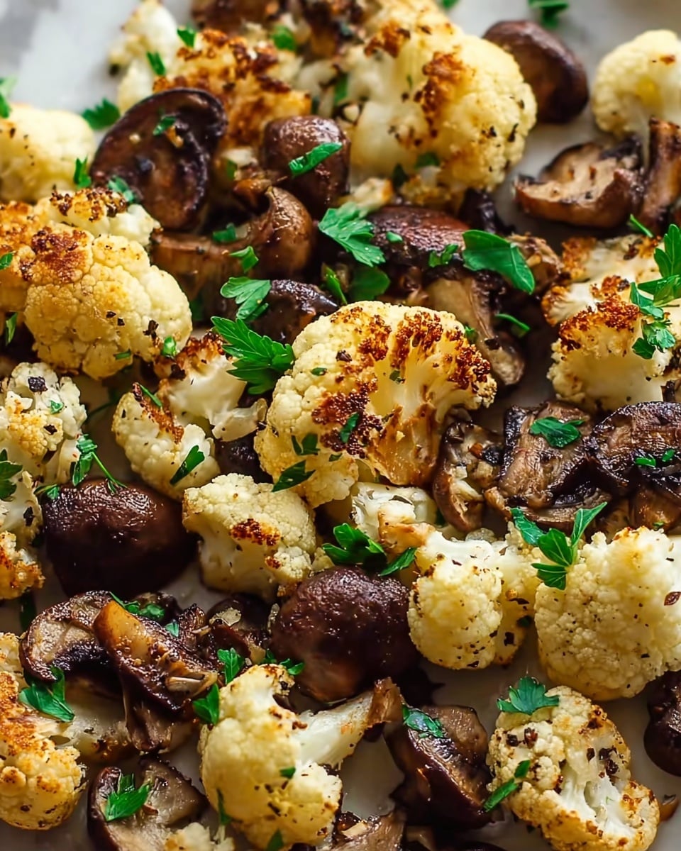 The image shows a close-up of a pan filled with roasted cauliflower and sliced mushrooms. The cauliflower has a light golden brown color with small charred spots, showing a crispy and textured surface. The mushroom slices are medium brown with a glossy, cooked look, scattered evenly among the cauliflower pieces. Small green parsley leaves are sprinkled on top, adding a fresh bright green contrast. The pan appears dark, and the food looks warm and well-seasoned, with visible pepper specks on the cauliflower. photo taken with an iphone --ar 4:5 --v 7