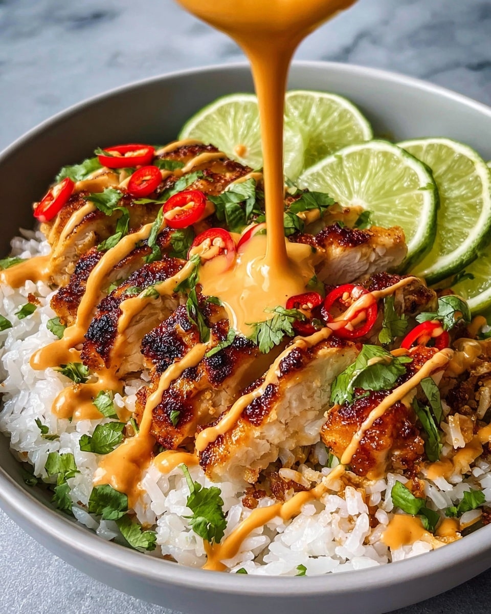 In a white bowl with a white marbled texture background, there is a base layer of fluffy white rice. On top of the rice, grilled chicken pieces with a golden-brown color and crispy texture are arranged in a neat row. The chicken is covered with light orange sauce drizzles in thin lines. Fresh green cilantro leaves and thin slices of bright red chili peppers are scattered over the chicken. On the side, several lime wedges with vibrant green skin and juicy interiors are placed. A creamy orange sauce is being poured in a smooth stream from above onto the center of the dish. Photo taken with an iphone --ar 4:5 --v 7