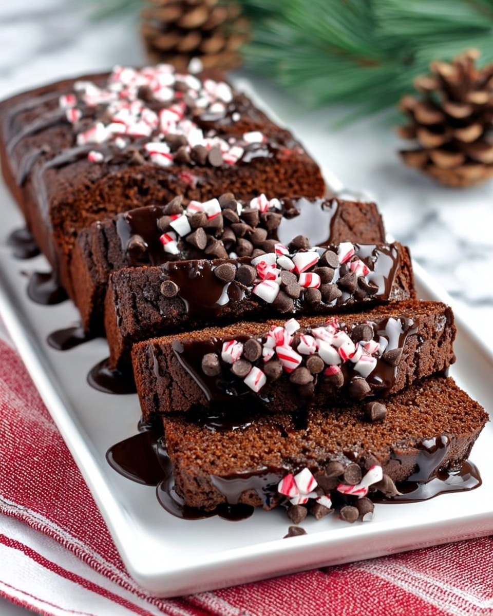 A loaf of chocolate cake sliced into seven thick pieces is placed on a long white rectangular plate, each slice showing a dense, moist, dark brown texture. The top of the cake is drizzled with glossy dark chocolate syrup that pools slightly on the plate. Small red and white peppermint candy pieces along with mini chocolate chips are scattered over the top of each slice, adding a crunchy texture and colorful contrast. The plate rests on a red and white striped cloth with a blurred green pine branch and pine cones in the background on a white marbled texture. Photo taken with an iphone --ar 4:5 --v 7