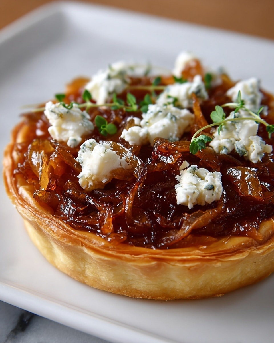A round pastry tart sits on a white plate against a white marbled texture, showing three clear layers: the base is a thick, flaky golden crust with a slightly crimped edge; the middle layer is a rich, glossy heap of caramelized onions in deep brown and amber shades with soft, translucent textures; the top layer is dotted with small clumps of white, creamy goat cheese with green specks and garnished with fresh, small green herb sprigs. The tart is slightly shiny, suggesting a glaze, and the focus is sharp on the front while the back blurs softly. Photo taken with an iphone --ar 4:5 --v 7