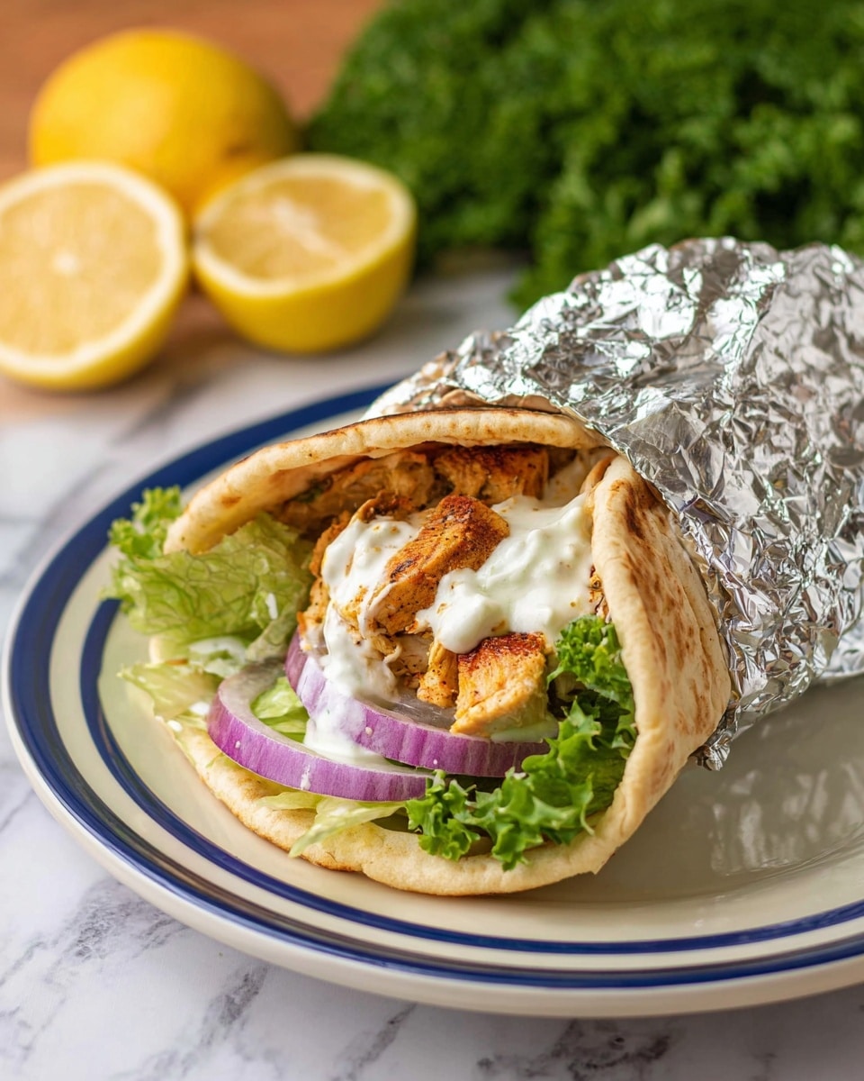 A pita wrap is placed on a white plate with a blue rim, partially wrapped in shiny aluminum foil on the right side. The wrap shows four clear layers inside: the bottom layer is fresh bright green leaf lettuce followed by thin slices of light purple onion, then a layer of golden-brown grilled chicken with slightly crispy edges, and the top layer is a thick, creamy white sauce with a smooth texture. The background has green leafy lettuce and lemon slices, all set on a white marbled surface. photo taken with an iphone --ar 4:5 --v 7
