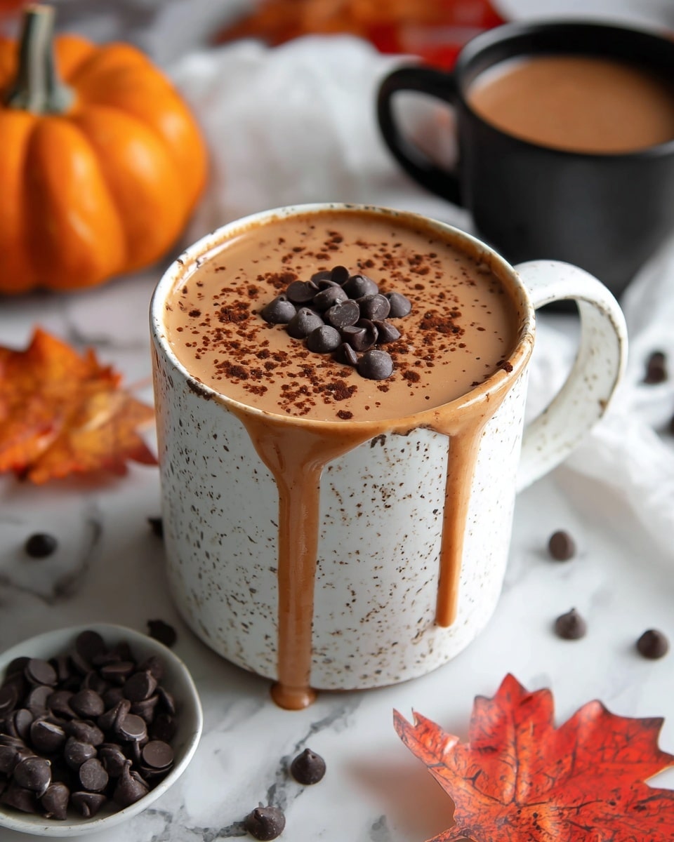 The image shows a white speckled mug filled with light brown hot chocolate topped with several dark chocolate chips in the center and sprinkled with cocoa powder. The hot chocolate is slightly overflowing, with thick drips running down the side of the mug. To the right, there is a black cup holding more hot chocolate, and scattered dark chocolate chips lay on the white marbled surface around the mugs. Orange and red autumn leaves and a small pumpkin add a fall touch in the background. photo taken with an iphone --ar 4:5 --v 7