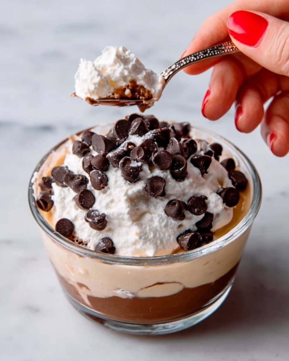 A clear glass bowl shows a dessert with three layers: the bottom layer is brown and smooth, the middle layer is light and creamy, topped with white whipped cream with soft texture, and many shiny dark chocolate chips scattered on it. A woman's hand with red nail polish holds a small scoop above the dessert, ready to take some. The bowl is on a white marbled surface. photo taken with an iphone --ar 4:5 --v 7