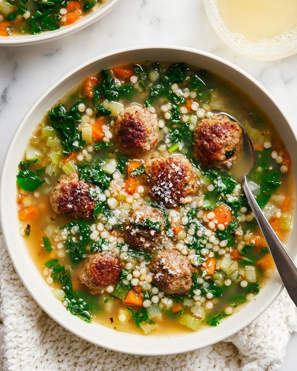 A white bowl filled with a clear broth soup containing small round meatballs, orange carrot cubes, chopped green leafy vegetables, and tiny pearl-like pasta. The soup has a textured surface with bits of grated cheese sprinkled on top. A silver spoon rests on the right edge inside the bowl. The bowl is set on a white marbled surface with a light-colored cloth partially visible beneath it. Nearby, a glass of light yellow liquid is placed on the white marbled surface. photo taken with an iphone --ar 4:5 --v 7