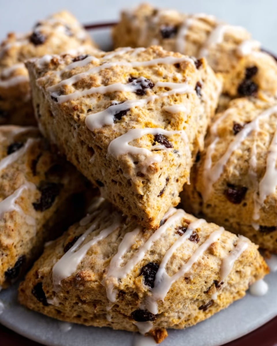 A close-up view of a white plate filled with triangular scones stacked in a slightly messy pile. The scones have a golden-brown crust with a light drizzle of white icing on top, unevenly spread in thin lines. Small dark spots of dried fruit are visible throughout the scones' rough, crumbly texture. The white marbled surface underneath adds a clean contrast to the warm tones of the scones. photo taken with an iphone --ar 4:5 --v 7
