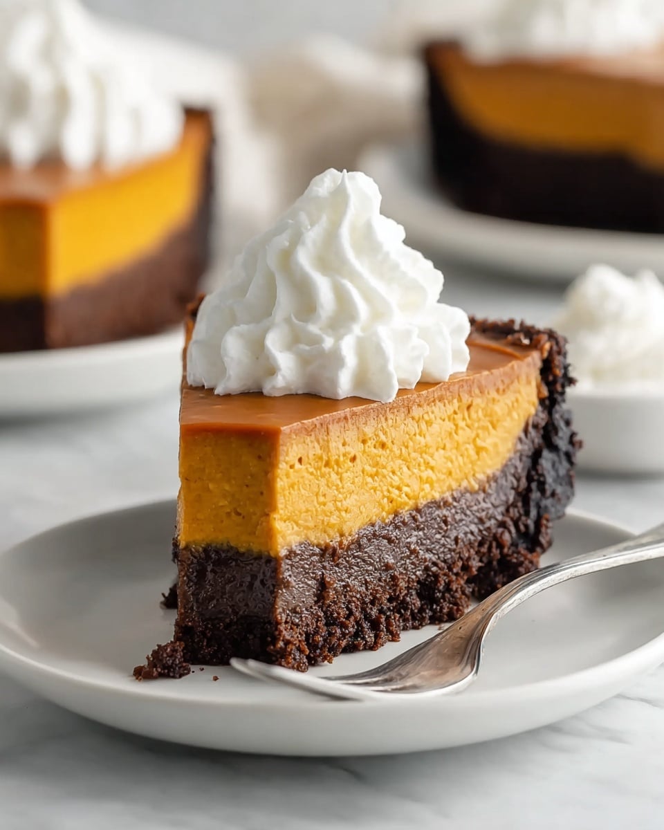 A slice of two-layer dessert sits on a white plate over a white marbled surface, with a silver fork beside it; the bottom layer is thick, dark brown, and crumbly like a chocolate crust, while the top layer is smooth, orange, and creamy, looking like pumpkin filling, topped with a swirl of soft white whipped cream. In the blurry background, more slices of the same dessert and a dollop of whipped cream are visible. Photo taken with an iphone --ar 4:5 --v 7