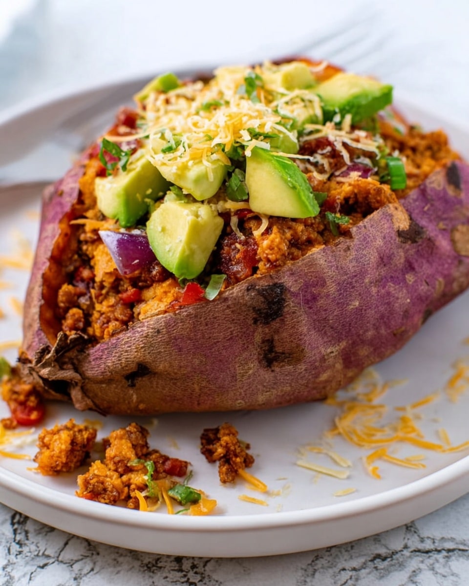 The image shows a baked sweet potato with a lightly wrinkled, brown skin as the base layer, placed on a white plate over a white marbled surface. The potato is cut open and filled with a crumbly, golden-brown ground meat mixture mixed with small pieces of red and white vegetables, creating the second layer. On top of this filling, there are bright green chunks of avocado and slivers of shredded pale yellow cheese, which add a fresh and creamy texture as the top layer. The colors blend naturally with the rustic look of the potato skin. Photo taken with an iphone --ar 4:5 --v 7