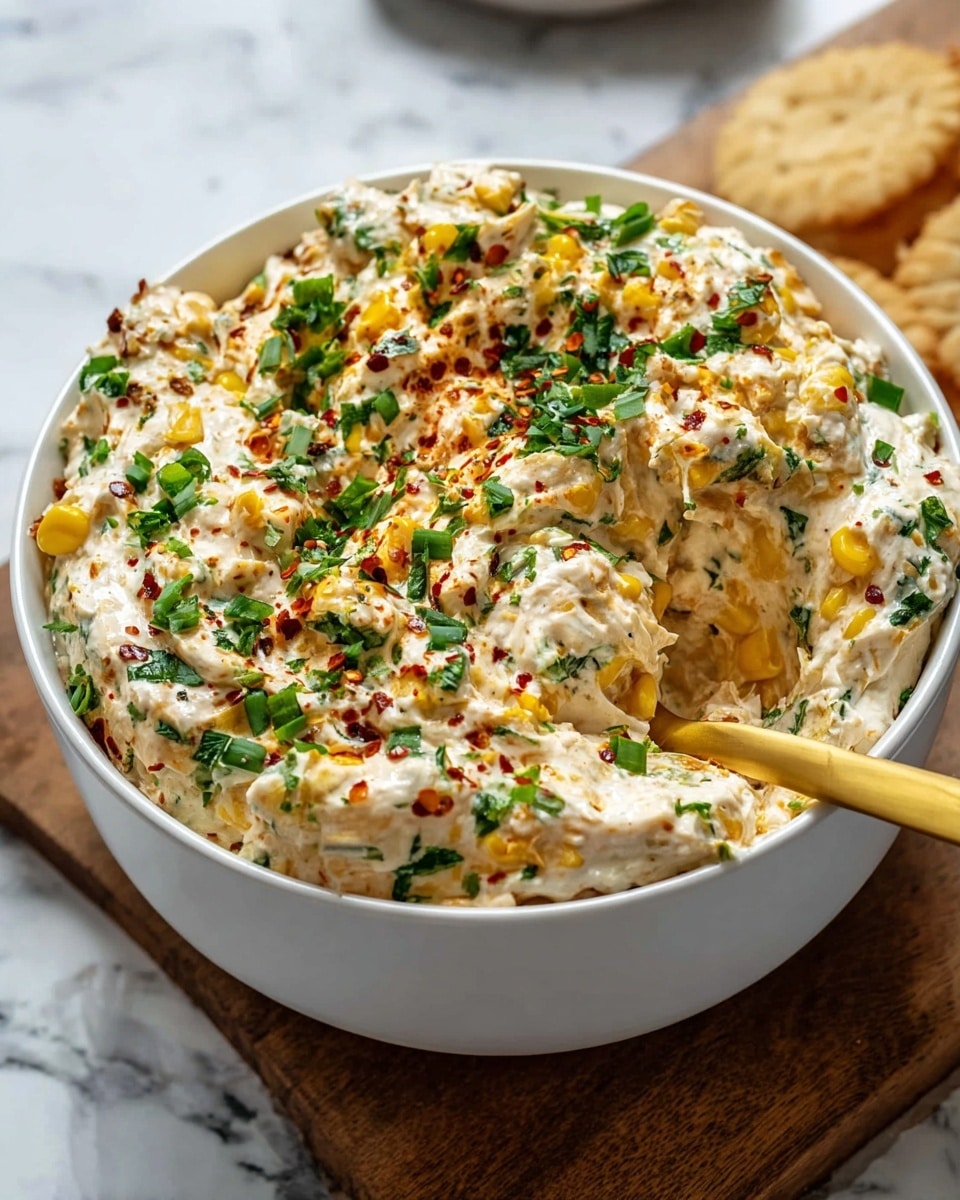 A white bowl filled with a creamy, textured dip that has a white base mixed with pieces of yellow corn and bits of green herbs spread throughout. The top layer is sprinkled with small green herb pieces and a light dusting of reddish spice, giving contrast and color. A gold spoon is inserted into the dip on the right side, slightly pushing into the creamy mixture. The bowl sits on a rough wooden board on a white marbled surface, with some scattered green herbs nearby. photo taken with an iphone --ar 4:5 --v 7