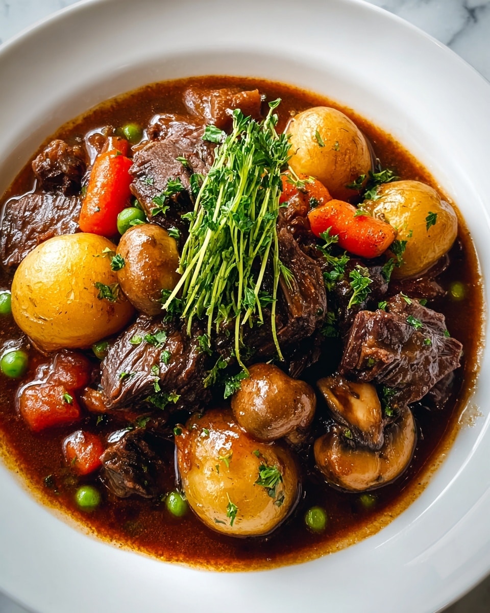 A white bowl holds a rich, dark brown beef stew with multiple layers. The base layer is a thick broth with a shiny texture, spreading evenly at the bottom. On top, large chunks of tender dark brown beef are scattered, some pieces showing a slight crust. Among the beef, there are soft, round golden potatoes, whole mushrooms with a light brown hue, and bright orange carrot chunks. A few green peas are interspersed for color contrast. The dish is garnished at the center with a small bunch of fresh green herbs, including parsley and thyme, adding a fresh touch. The stew looks hearty and glossy, served on a white marbled surface. photo taken with an iphone --ar 4:5 --v 7