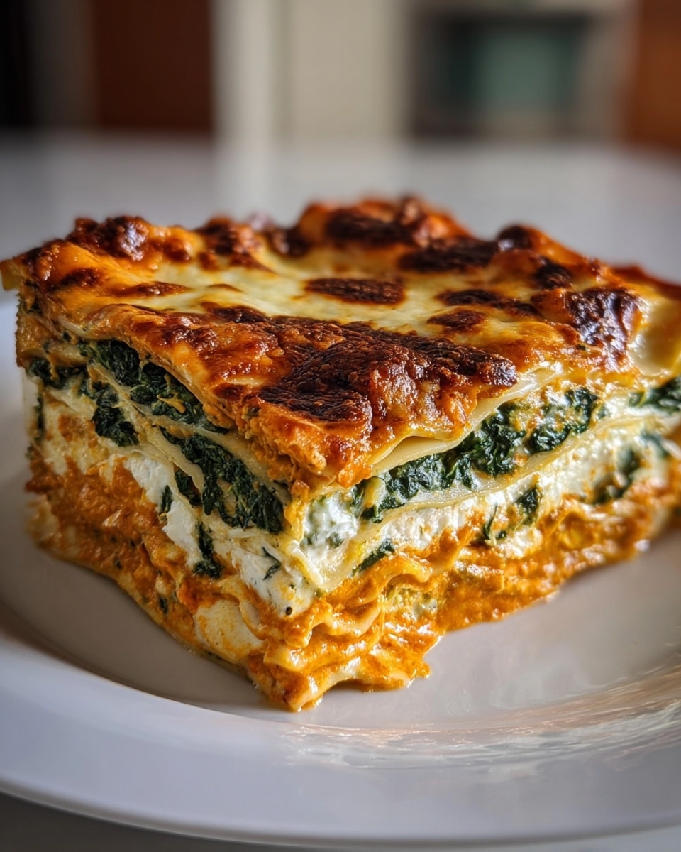A close-up slice of lasagna on a white plate shows five layers of thin pasta sheets separated by rich fillings: a deep orange smooth pumpkin layer, a creamy white ricotta cheese mixed with green spinach, and a bright melted cheese topping browned to a golden finish with crispy edges. The layers have slightly curled edges where the melted cheese bubbles and darkens. The background is softly blurred with a white marbled texture surface. photo taken with an iphone --ar 4:5 --v 7