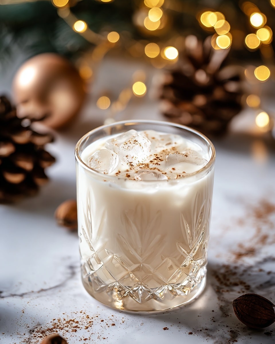 The image shows a clear glass filled with a creamy white drink, topped with several translucent ice cubes scattered on the surface. The drink has a light sprinkle of brown spice powder on top, adding texture and color contrast. The glass has a cut-glass pattern at the bottom, giving it an elegant look. The background is a white marbled surface with blurred glowing fairy lights and Christmas ornaments in gold and brown tones, creating a warm, festive atmosphere. photo taken with an iphone --ar 4:5 --v 7