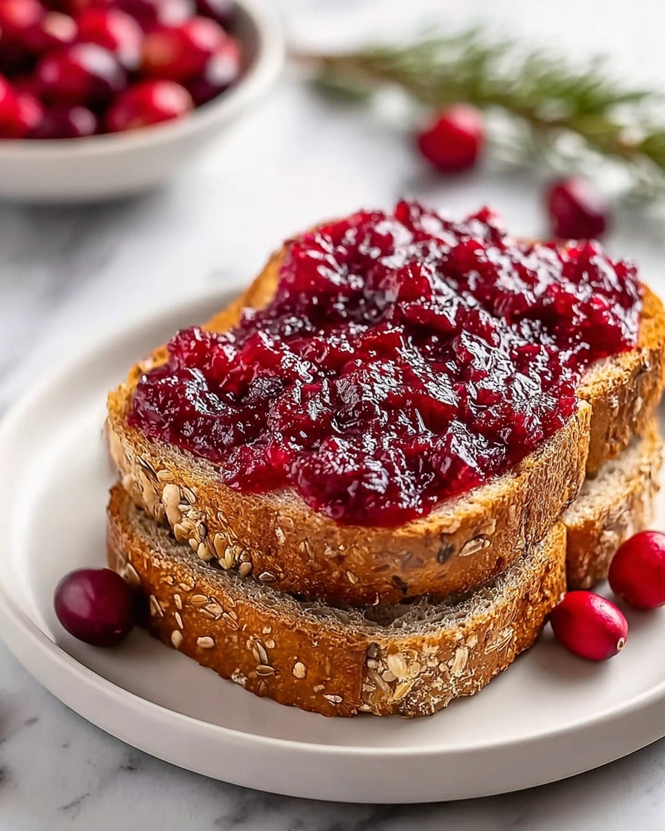 Two slightly toasted slices of multigrain bread are stacked on a white plate, both showing a golden brown crust with visible seeds and grains. The top slice is generously covered with a thick layer of chunky, glossy red cranberry sauce that has a textured, jelly-like appearance with bits of berry visible. The plate sits on a white marbled surface, with a few fresh cranberries and a sprig of rosemary blurred in the background, adding a touch of natural color. Photo taken with an iphone --ar 4:5 --v 7