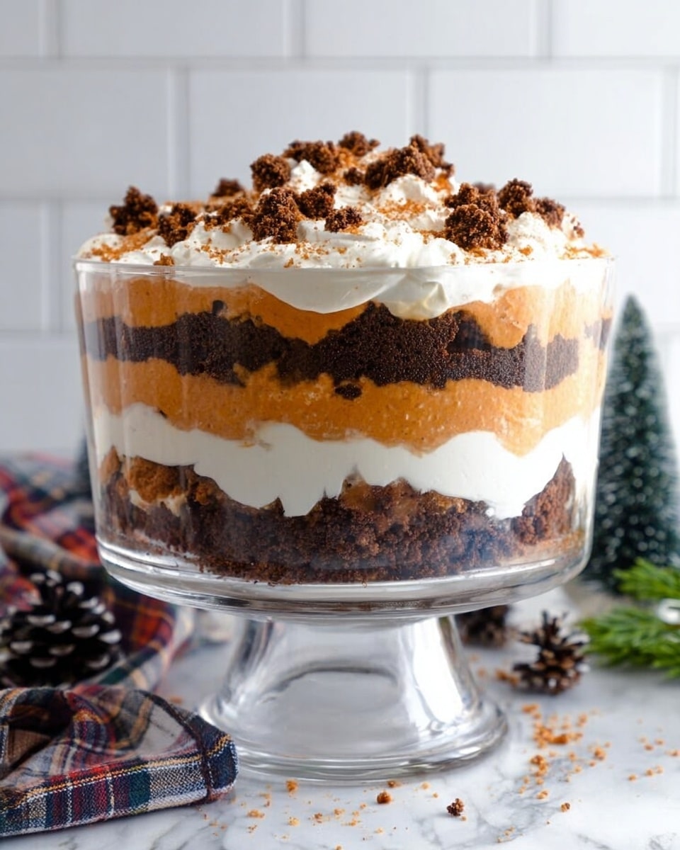 A clear glass bowl filled with a layered dessert resting on a white marbled surface, each layer visible through the glass. At the bottom is a thick layer of dark brown cake crumbs with a rough texture, followed by a smooth white creamy layer. Above that is another thick pile of dark brown cake crumbs. Above this is a thick creamy layer with an orange tint that looks soft and smooth. Another thick layer of irregularly broken dark brown cake crumbs sits on top. The dessert is finished with a fluffy white cream topping scattered with small dark brown crumbles. A blurred plaid cloth and small pinecones decorate the background, which is a white tiled wall. Photo taken with an iphone --ar 4:5 --v 7