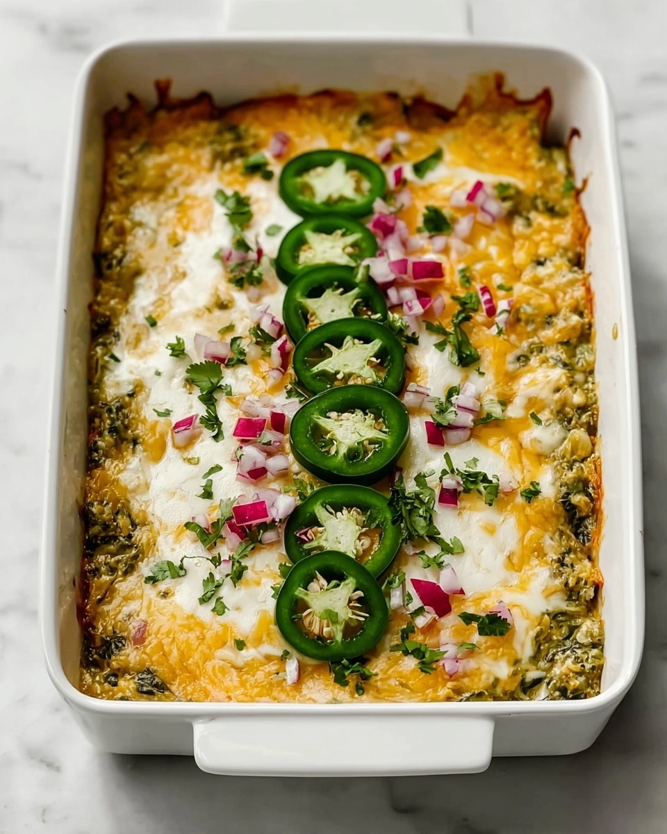 A baked dish in a white rectangular baking dish with visible layers including a base layer of cooked spinach mixed with other ingredients in green and brown tones, topped with a thick layer of melted cheese that is golden-yellow and white. On top of the cheese layer, there are sliced green jalapeños arranged in a line down the center, with small bits of red onion and chopped green herbs scattered around, creating a fresh and colorful look. The edges of the cheese layer show slight browning from baking. The dish sits on a white marbled surface. photo taken with an iphone --ar 4:5 --v 7