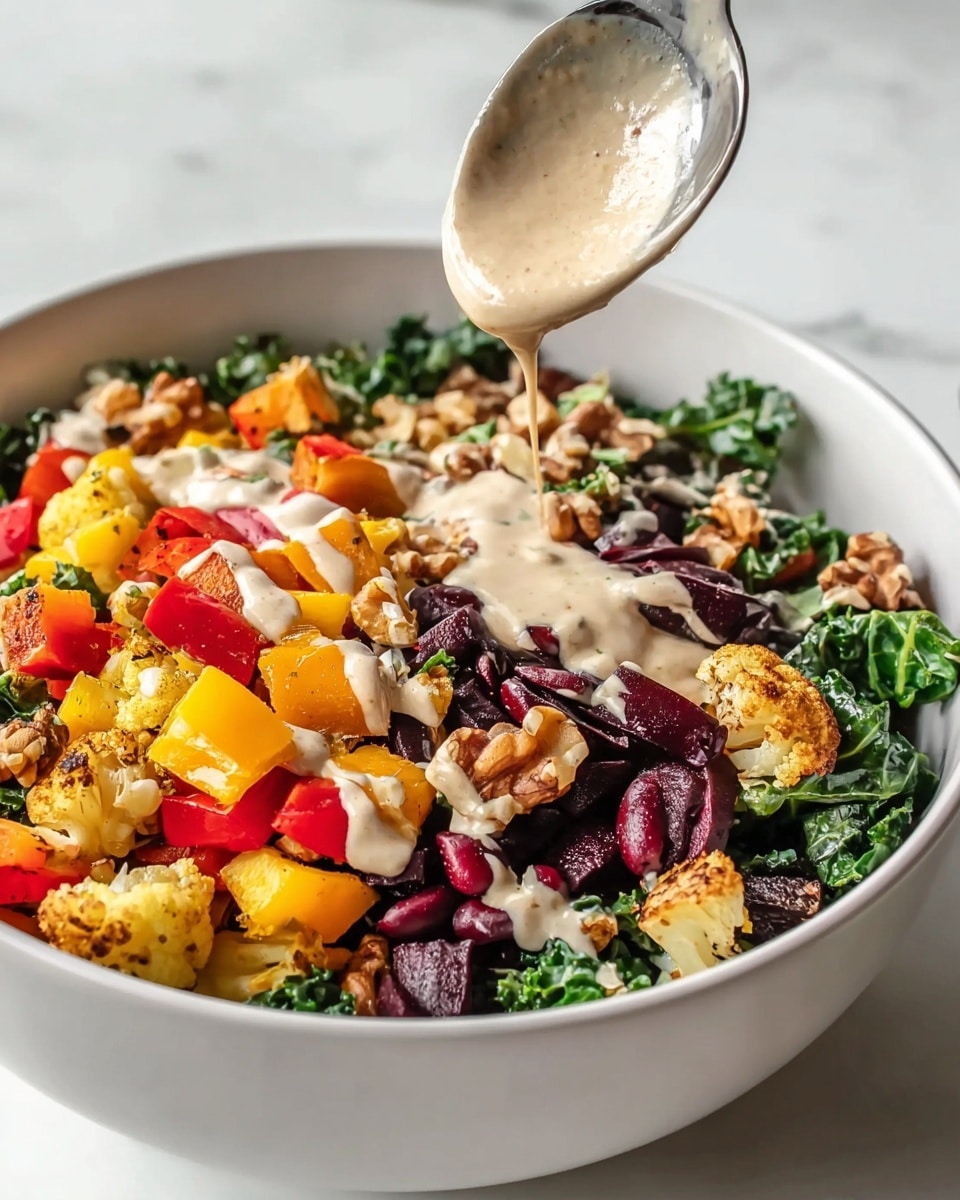 A white bowl on a white marbled surface holds a vibrant salad with multiple layers: the bottom layer is dark green kale leaves with a rough texture, followed by roasted chunks of yellow and red bell peppers, and deep purple kidney beans scattered evenly. On top, caramelized walnuts add a brown and crunchy texture. A silver spoon is seen pouring a creamy beige dressing over the salad, adding a smooth contrast. The overall look is colorful and fresh with a mix of textures, photo taken with an iphone --ar 4:5 --v 7